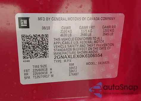 2019 Chevrolet Equinox Lt из США, поврежденный, VIN 2GNAXLEX0K6106554